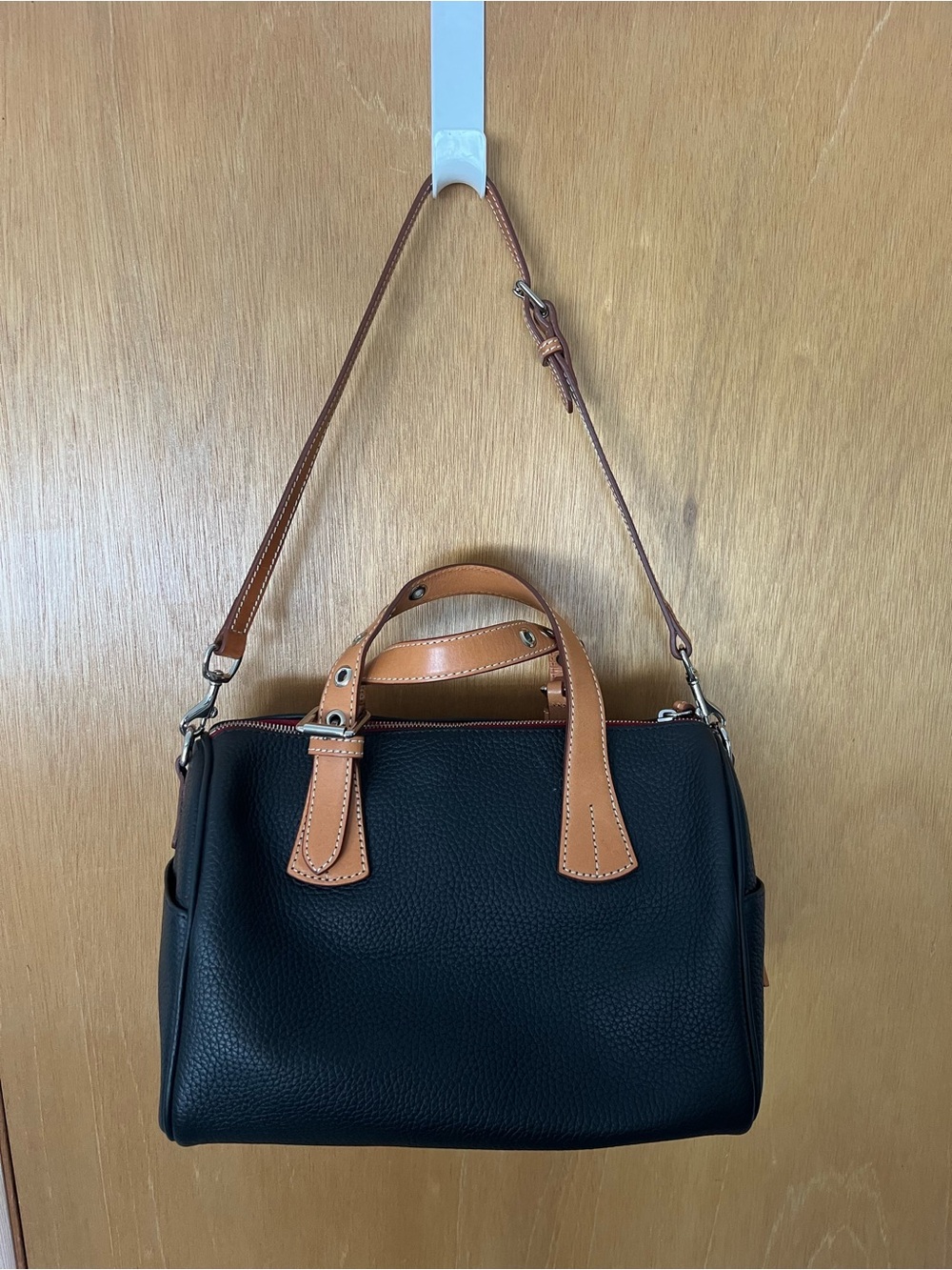 Dooney & Bourke Black Pebbled Leather Satchel with Tan Trim and Tassels - Picture 2 of 3